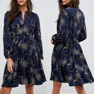 Whistles Ebony Galaxy Star Long Sleeve Flippy Dress Blue Gold S